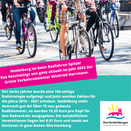 Heidelberg ist beim Radfahren Spitze! Das bescheinigt uns ganz aktuell im Jahr 2022 der Grüne Verkehrs­mi­nister Winfried Herrmann.